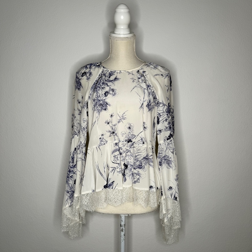 Cinq a Sept Avalon Silk Peplum Blouse Navy Floral Lace Trim Long Sleeve Size S